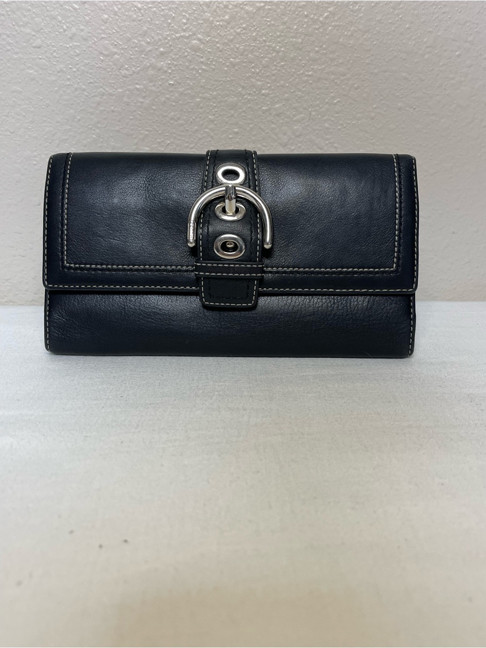 Coach SoHo Black Leather Wallet with Silver Buckle Hardware